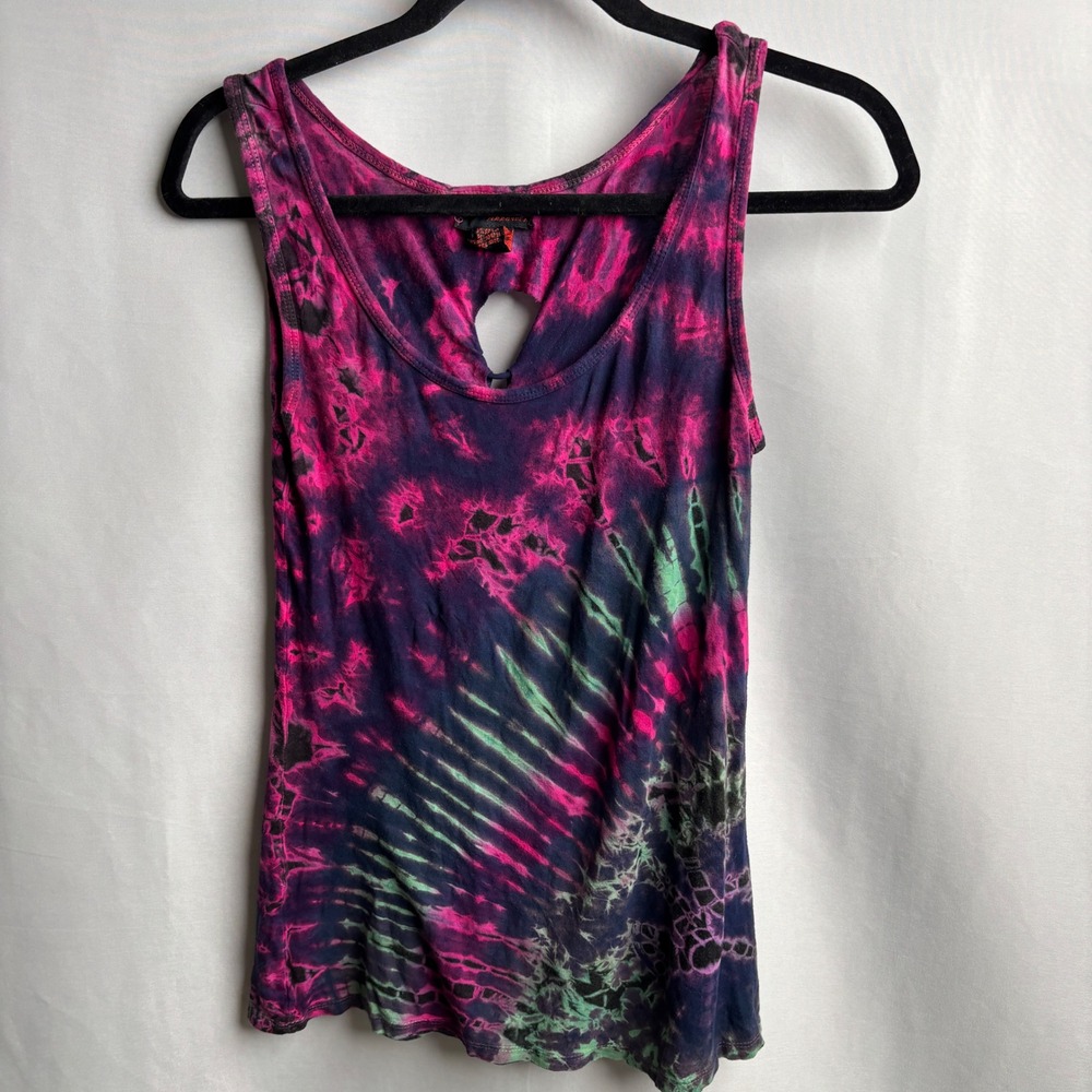 VTG Y2K Fuschia Tie Dye Tank Top Pink Green Purple Keyhole Braided Back OS